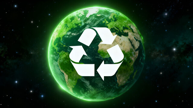 Glowing Planet Earth with White Recycling Symbol Against Cosmic Background, Global Sustainability and Environmental Conservation Concept