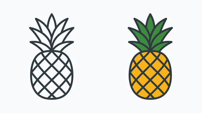 Pineapple fruit vector icons outline and colored graphics set design