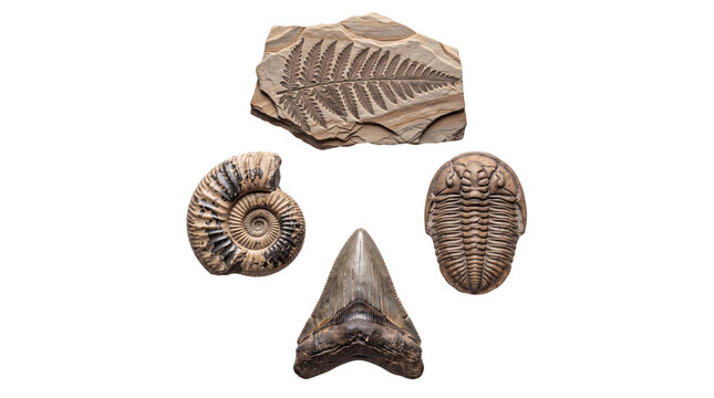 Collection of ancient fossils: fern, ammonite, trilobite, png on isolated background