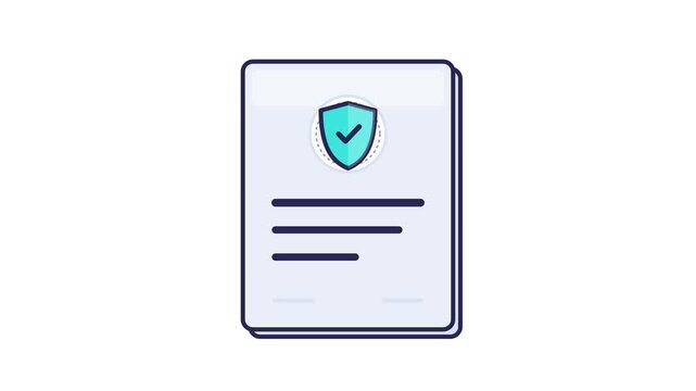Insurance policy document with shield icon, digital security certificate animation, legal contract protection concept