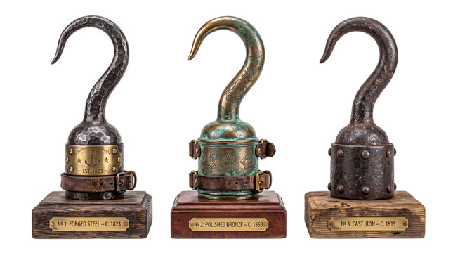 Collection of three antique pirate hooks on wooden stands png on isolated background