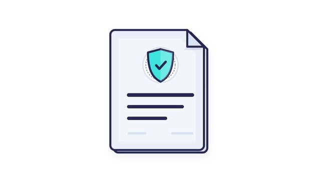 Insurance policy document icon with shield symbol. Secure digital contract and legal protection paper. Data privacy and safety agreement.