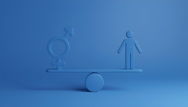 Gender Equality Concept with Male and Female Symbols Balanced on Scales, Minimal 3D Render on Blue Background