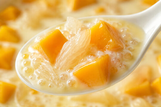 Mango sago dessert with pomelo on spoon. Traditional Chinese sweet soup with tapioca pearls and fresh fruit in coconut milk. Asian cuisine delicacy for restaurant menu.