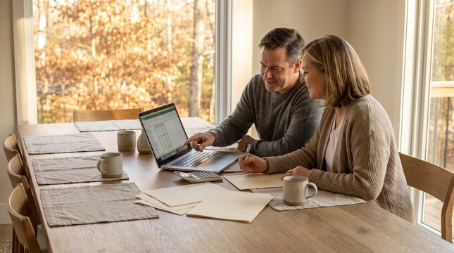 Mature couple seated at dining table reviewing spreadsheet budget on laptop together