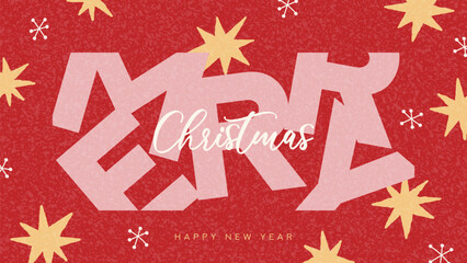 Naklejka premium Merry Christmas Typography Greeting Card. Festive Christmas and New Year greeting card with bold typography, golden stars and white snowflakes on textured red background. Vector illustration.