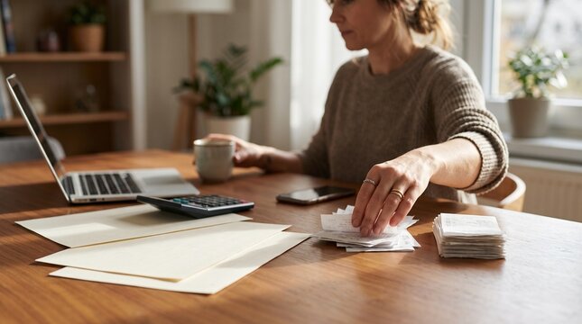 Woman reaching for stack of paper receipts at home office wooden table with laptop and calculator