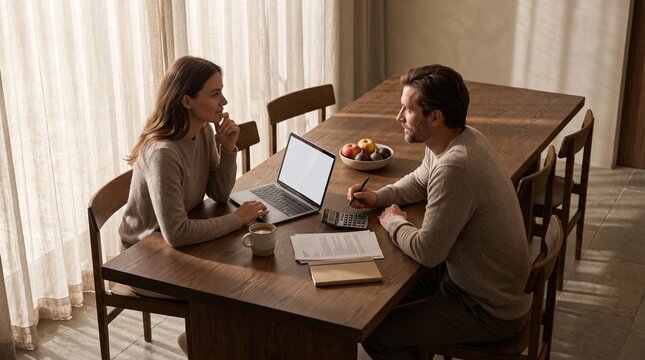 Young couple sitting at wooden dining table discussing financial planning with laptop and calculator