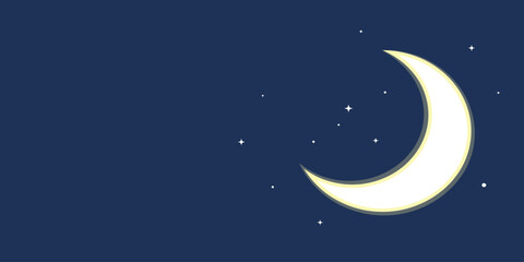 Naklejka premium Crescent moon vector illustration featuring a glowing celestial body set against a deep blue starry night sky background designed with minimalist flat graphic shapes for creative digital media project