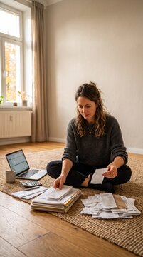 Woman sitting cross legged on floor rug organizing paper receipts and managing finances with laptop