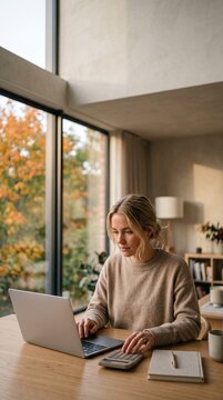 Young woman typing on laptop and using calculator while managing personal budget at home office desk