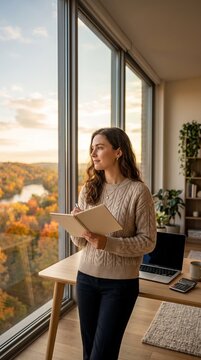 Thoughtful woman standing near window holding notebook and writing financial goals at home desk