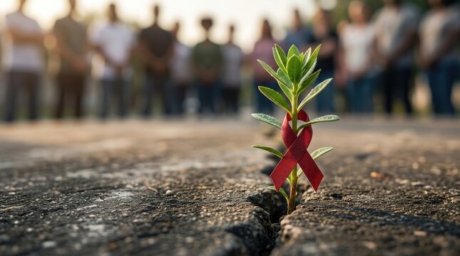 Sprout red ribbon: HIV support, AIDS care, Human strength, Acquired Immunodeficiency, Virus Syndrome, crack survivor, crowd gather, green leaf, warm light, hope symbol.