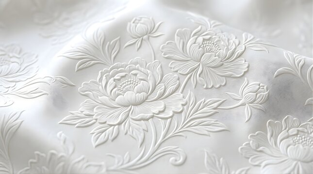 Elegant white peony floral relief pattern on soft fabric background