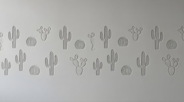 Embossed cactus pattern on a light grey wall surface for interior decor