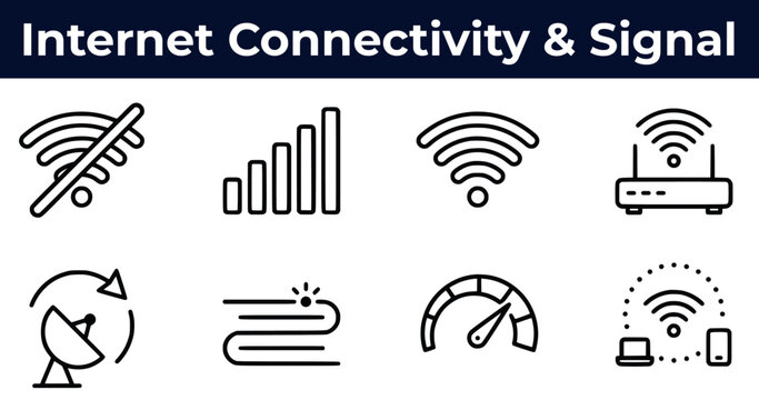 Internet connectivity and signal line icon set, editable stroke. Includes wifi, broadband, mobile data, fiber optic, hotspot, bandwidth and more. Vector illustration.