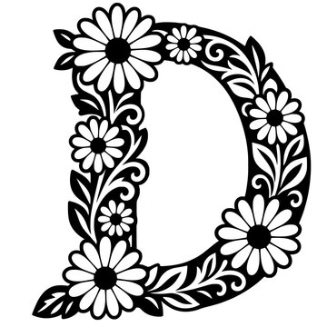 Decorative floral monogram letter E with beautiful daisy flowers and leaves ornament in black and white