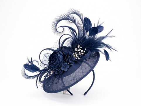 Elegant navy blue fascinator hat with feathers and floral detail on white background