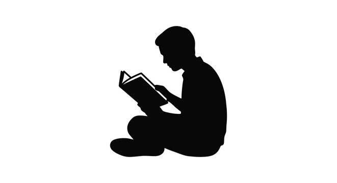 A young person seated and reading an open book black silhouette