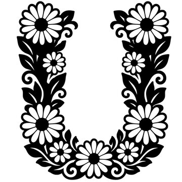 Elegant ornate letter F floral monogram with blooming daisy flowers and decorative leaves in black and white silhouette style graphic design
