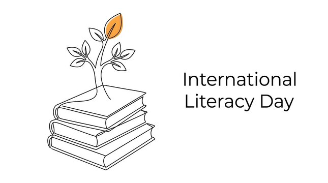 International Literacy Day Line Art with Plant Growing from Stacked Books