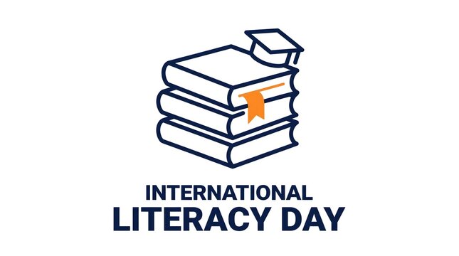International Literacy Day Line Icon of Stacked Books with Graduation Cap