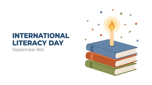 International Literacy Day September 8th Banner with Lit Candle on Stack of Colorful Books
