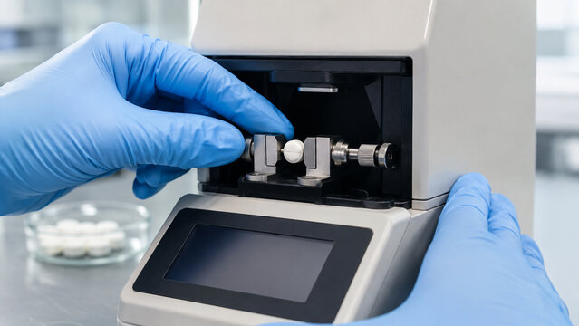 Close up of tablet hardness testing in pharmaceutical laboratory