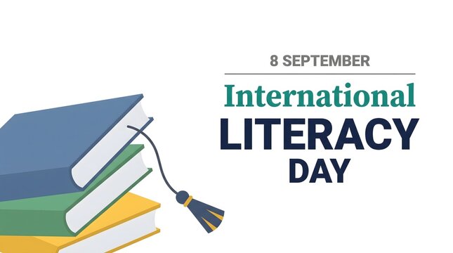 International Literacy Day 8 September Banner with Stacked Books and Graduation Cap