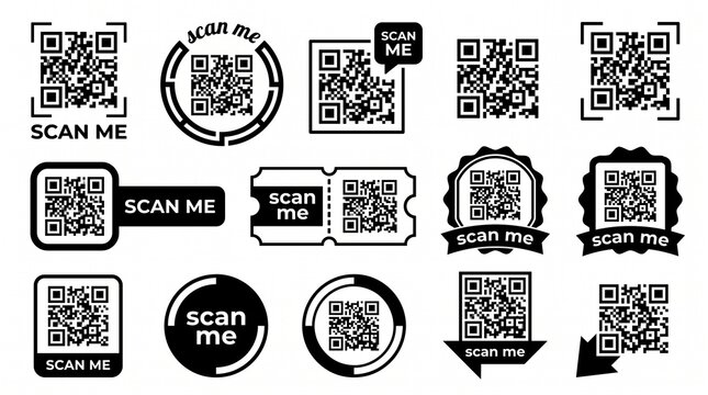 Black QR code icons set with scan me text on white background