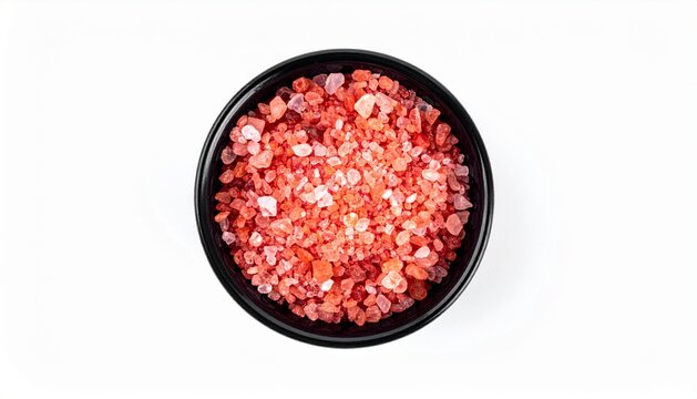 Pink Himalayan salt crystals in black bowl top view isolated on white