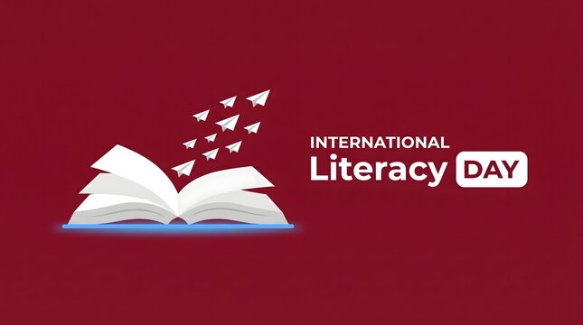 International Literacy Day Banner with Open Book and Paper Birds Flying on Maroon Background
