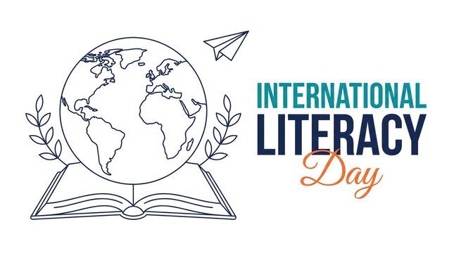 International Literacy Day Line Art with Globe Open Book Paper Plane and Laurel Leaves