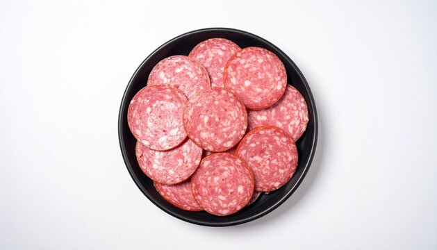 Top View of Salami Slices in Black Bowl on White Background