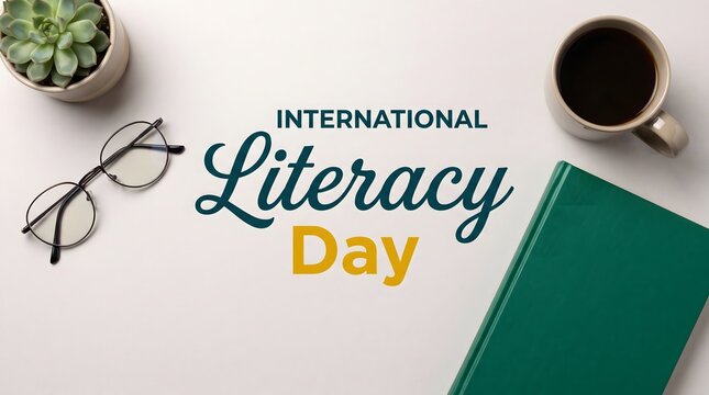 International Literacy Day Flat Lay with Green Book Glasses Coffee Cup and Plant on Desk