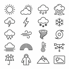 Naklejka premium Meteorological weather icon set featuring climate conditions and atmospheric forecast symbols