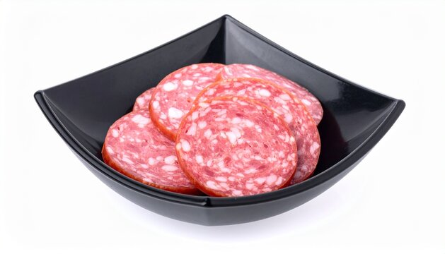 Sliced salami sausage pieces in black square bowl isolated on white background