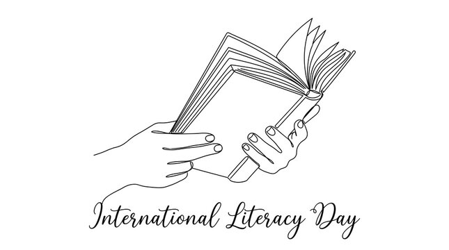 International Literacy Day Continuous One Line Drawing of Hands Holding Open Book