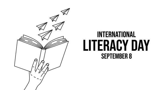 International Literacy Day September 8 Line Art with Hand Holding Book and Paper Planes