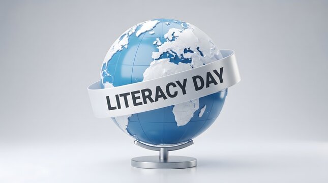Literacy Day 3D Rendered Globe with Wrapped Banner Text on White Background