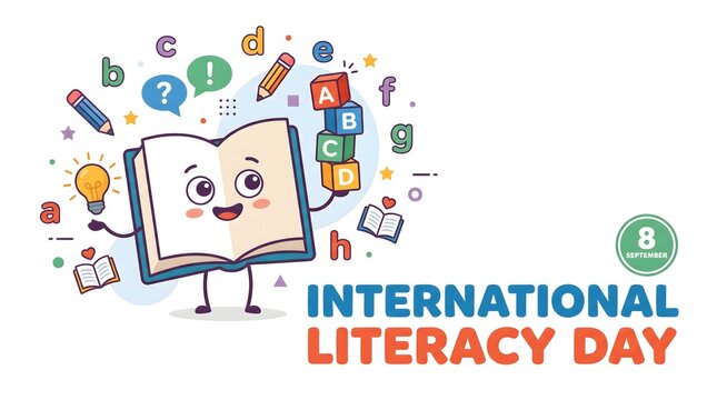 International Literacy Day Banner with Cute Cartoon Book Character and Colorful Icons