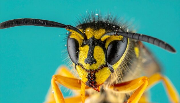 Extreme Macro Portrait of Wasp Head with Eyes and Antennae on Blue Background