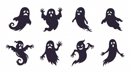 Obraz premium Ghost Silhouettes Set with Varied Expressions, Spooky Halloween Design. Vector Illustration for Festive Decorations