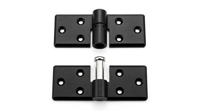 Disassembled metal door hinge parts, screws, and pin