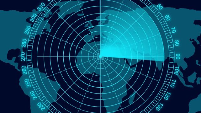 Digital radar scanner interface with rotating beam over map background, for global surveillance, and data monitoring.