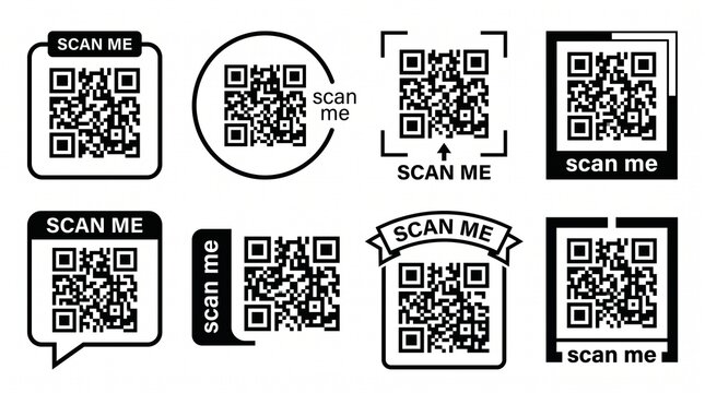 Collection of black scan me QR code frame icons on white background