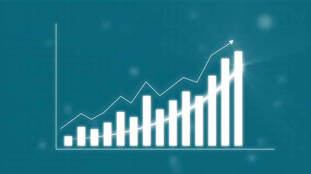 Financial growth bar chart with rising trend line animation, digital business success concept, data analytics visualization on blue background.