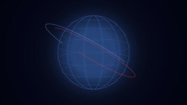 Abstract Digital Globe Hologram with Glowing Orbit Rings on Dark Background. Futuristic digital globe hologram with glowing blue grid lines and red orbit rings rotating on a dark background.