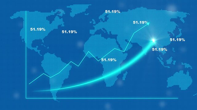 Global business growth analytics animation with rising financial data trends and map infographic finance.
