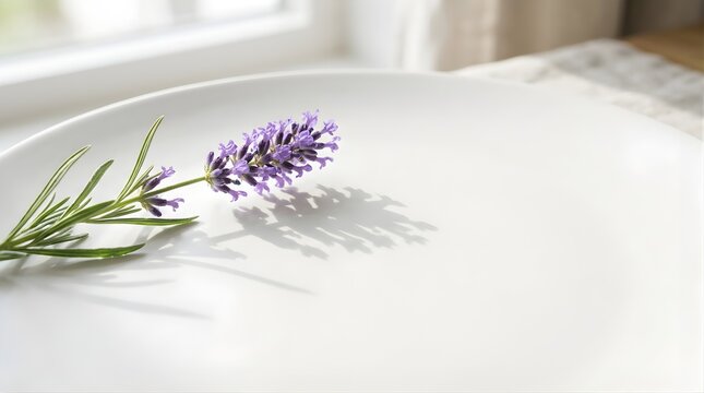 Purple lavender flower sprig on a white ceramic plate in sunlight